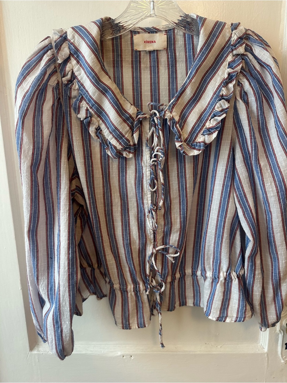 XiRENA Striped Ruffle Tie-Front Blouse in Blue, Cream & Brown
